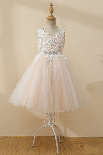 Champagne beaded Tulle Blomst Pige Kjole